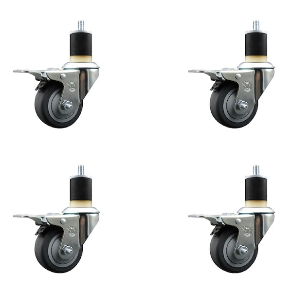 3'' Thermoplastic Rubber Swivel 1-7/8'' Expanding Stem Caster Set Total Lock Brake, 4PK